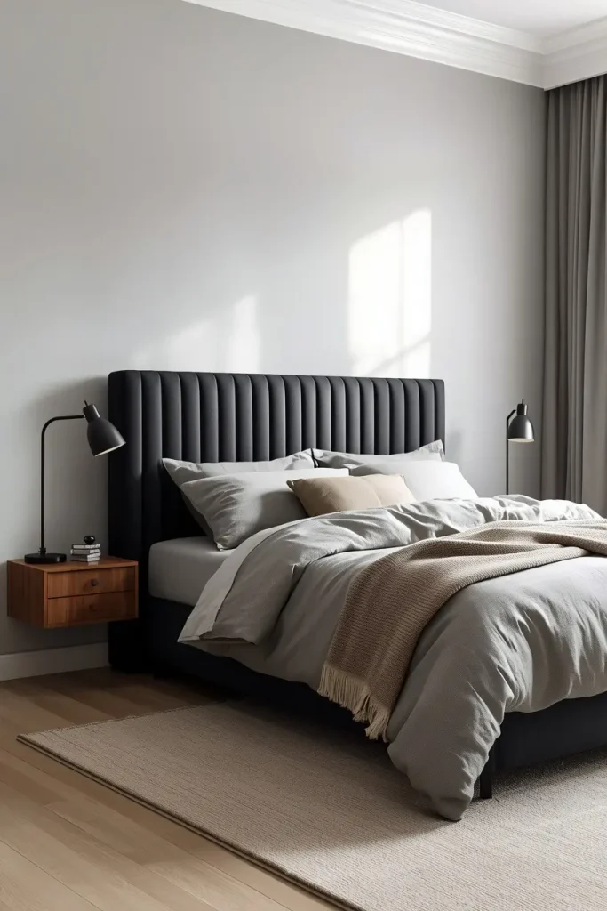 Black fluted headboard with soft grey bedding and walnut nightstands in a modern bedroom