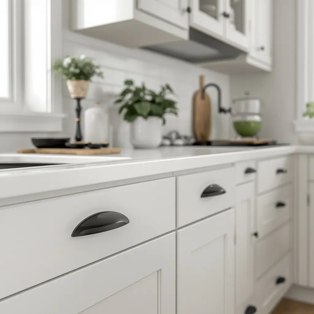 White shaker kitchen cabinet doors and drawer fronts with black cup pulls