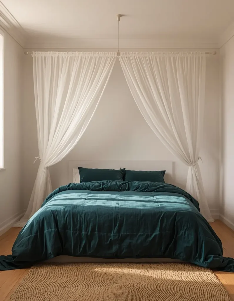 Ivory sheer canopy hung above a bed with a deep teal velvet duvet in a bright white bedroom