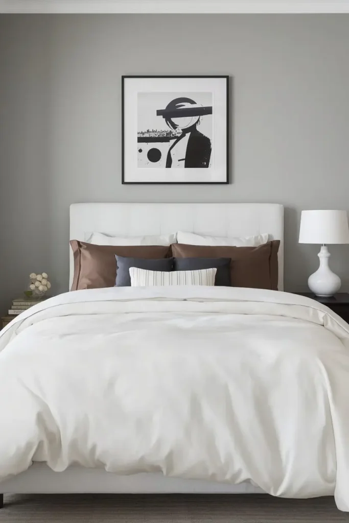 Crisp white duvet folded back over espresso brown sateen sheets beneath black and white abstract art