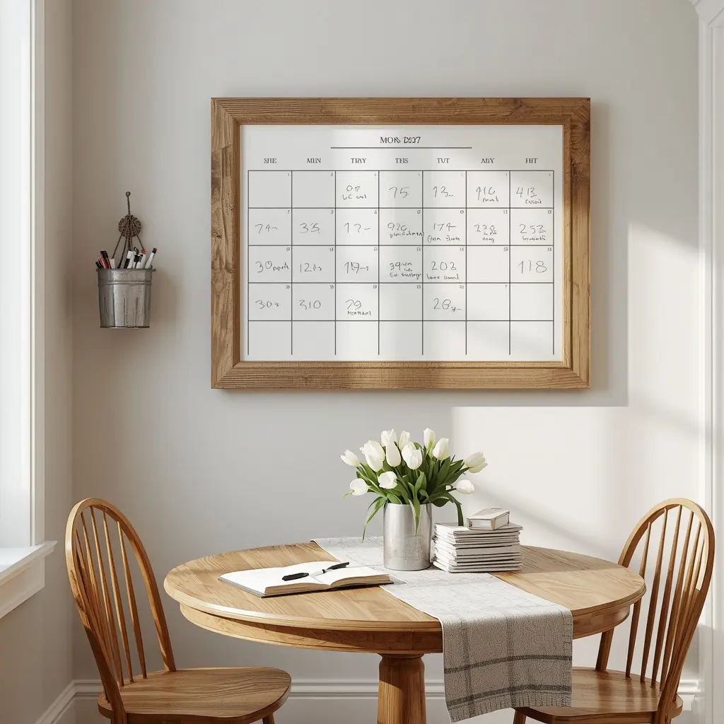 Reclaimed wood framed monthly calendar above a round wood table with spindle chairs and white tulips