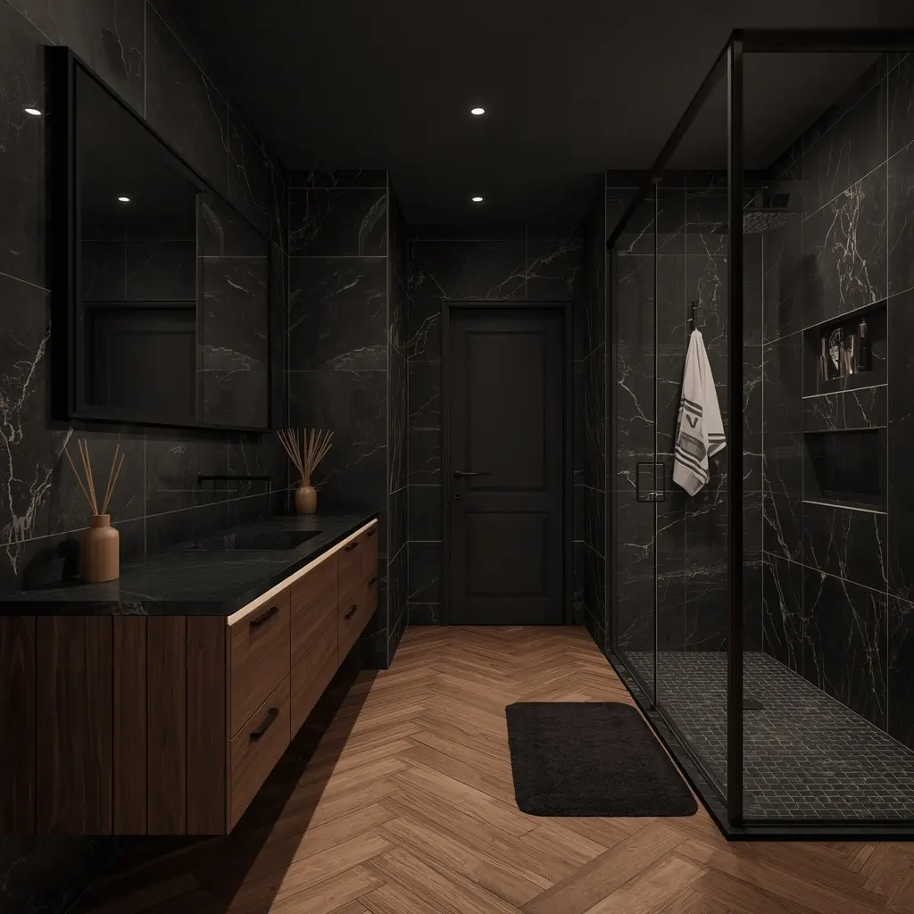 Black marble look tile bathroom with a walnut floating vanity and a warm herringbone wood look floor