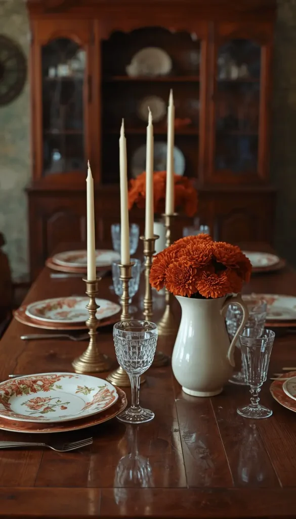 Vintage dining table with mismatched rust and cream china, brass candlesticks and a pitcher of mums