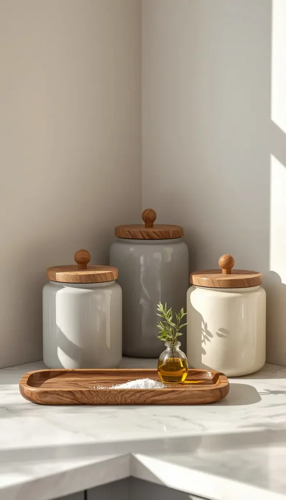 Countertop corner with grey and white jars with wooden lids and a tray holding olive oil and a small plant
