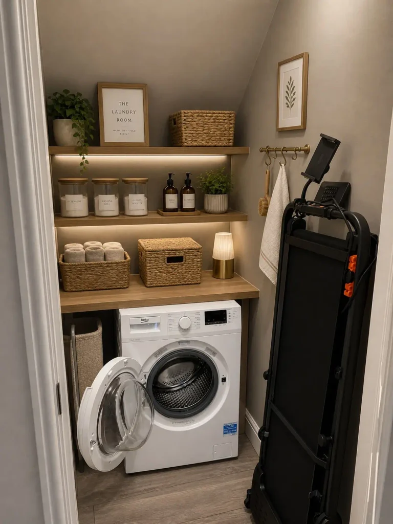 Front loading washer under the stairs with lit wood shelves holding jars, baskets, amber bottles, and plants, a towel on hooks, and a folded treadmill beside it