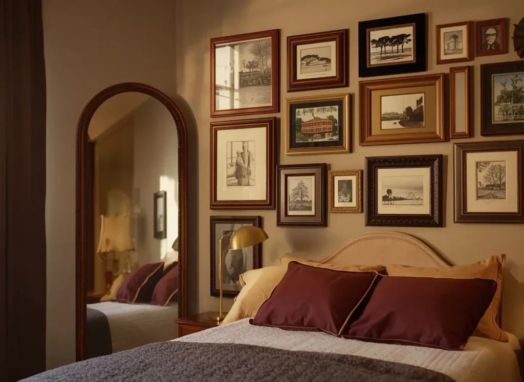 Gallery wall of vintage frames above a bed with burgundy cushions and an arched mirror