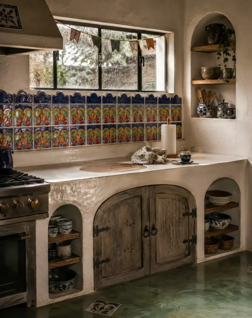 Plaster kitchen counter with arched cubbies of blue pottery, arched wood doors, and a strip of painted tiles