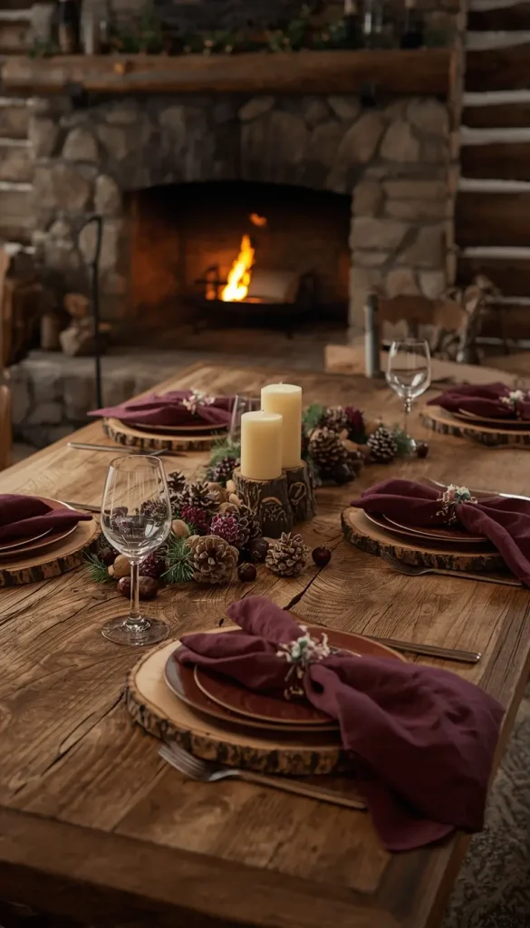 Cabin dining table with wood slice chargers, burgundy napkins, pinecones and candles by a fireplace