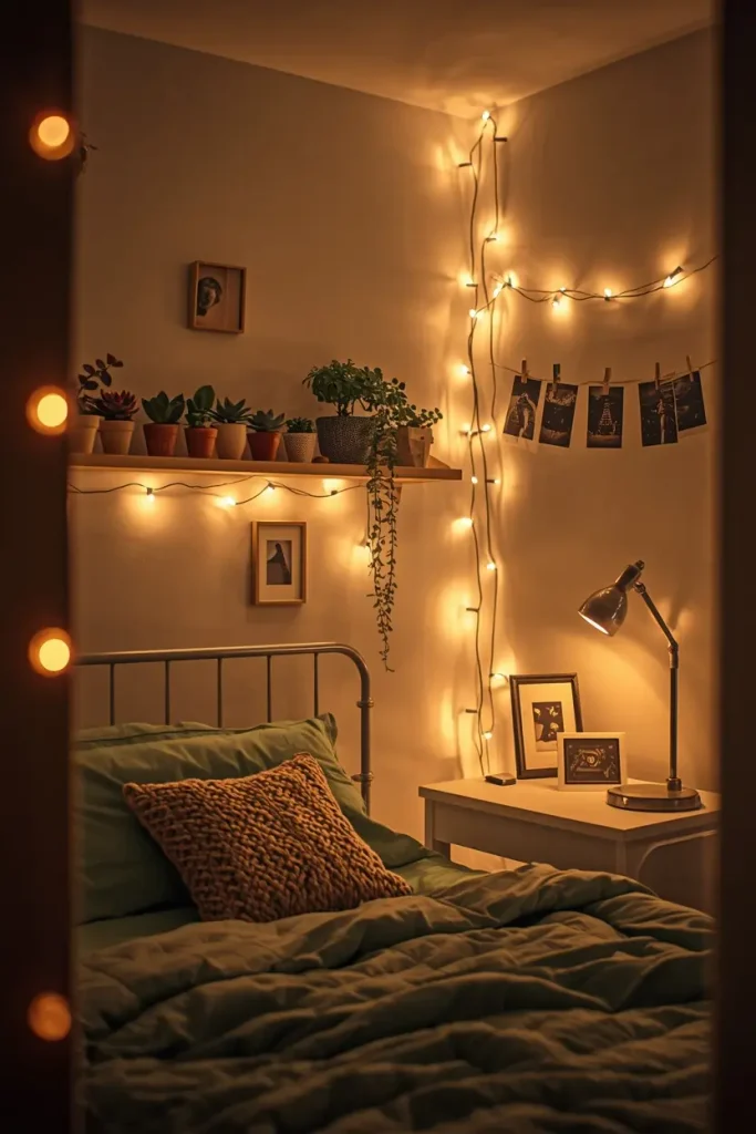 Small bedroom with fairy lights, mini succulents on a shelf and pistachio green bedding
