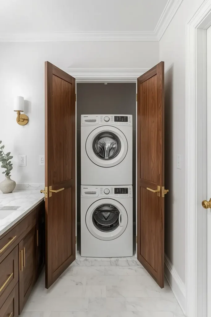 Stacked white washer and dryer hidden behind tall walnut double doors with brass handles in a white marble bathroom beside a wood vanity