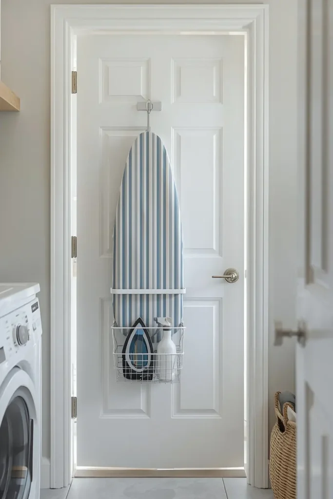 Blue and white striped ironing board on an over the door holder with a wire basket holding an iron and spray bottle on a white laundry room door
