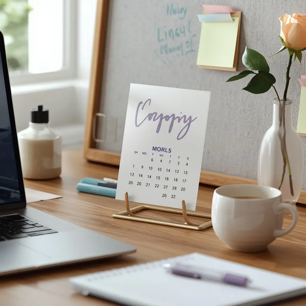 Small white desk calendar on a gold stand beside a laptop, a coffee mug, and a peach rose in a white vase