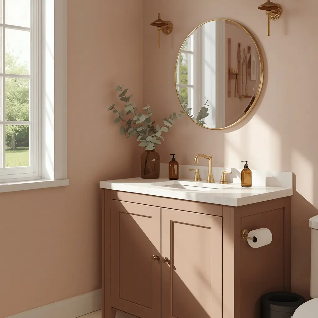 Vanity painted in mushroom taupe with brass knobs, a brass tap, and a round gold mirror on blush walls