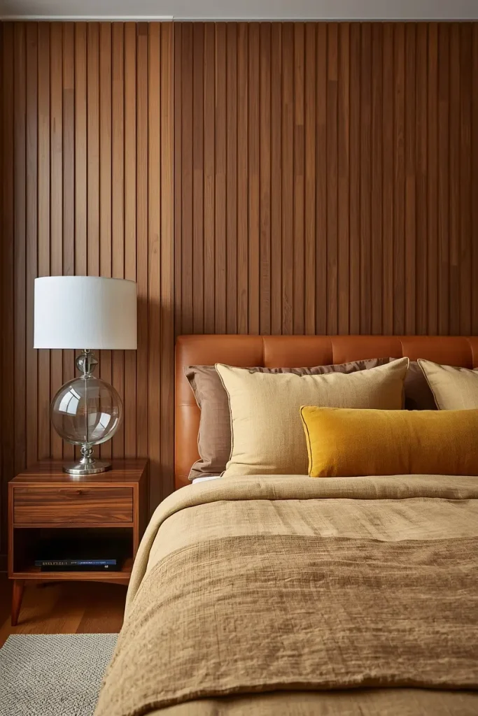 Caramel leather headboard with tan linen bedding and a mustard lumbar pillow against a walnut-paneled wall