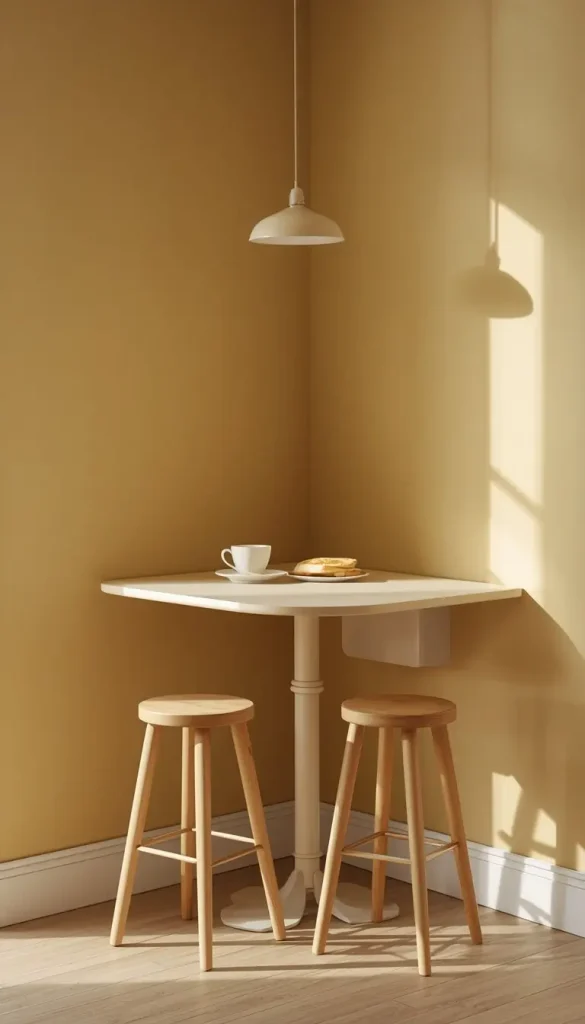 Butter yellow wall-mounted drop-leaf table with two wooden stools and a pendant light in a kitchen corner