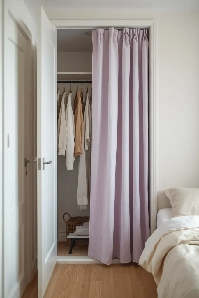 Lavender linen curtain replacing a closet door in a small studio sleeping nook