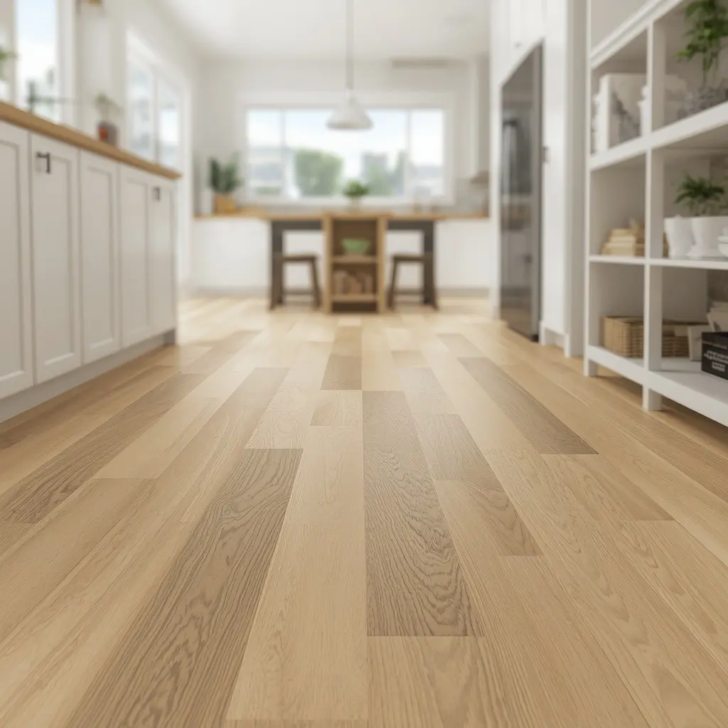 Light oak wood-look plank flooring in a bright open kitchen with white cabinets and shelves
