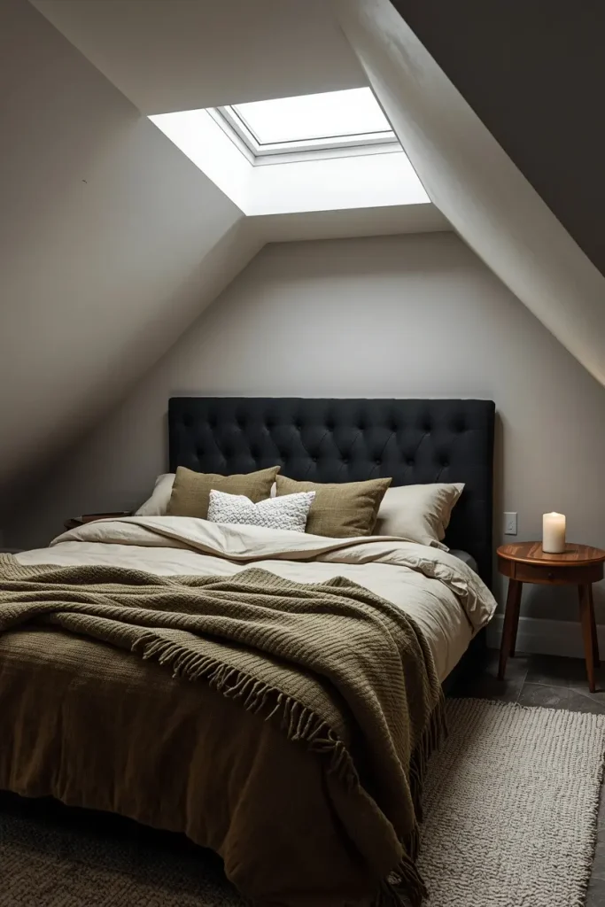 Black linen headboard with olive green blanket and oatmeal bedding in an attic bedroom