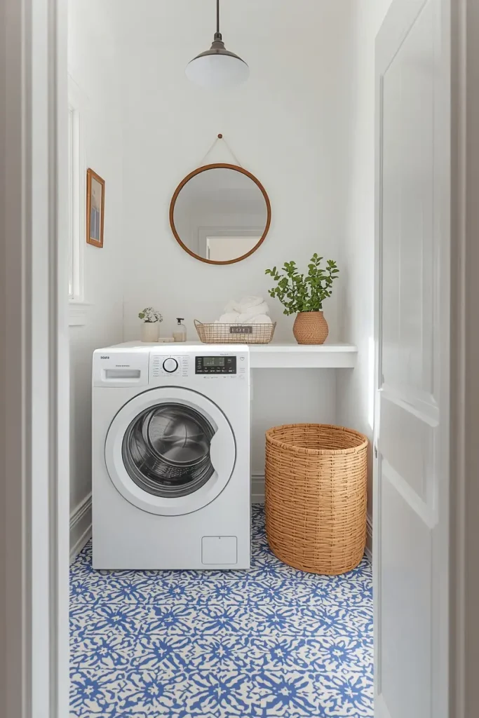 ComBlue and white patterned floor tiles in a small white laundry room with a front loading washer, a white shelf, a round wood mirror, and a woven basket