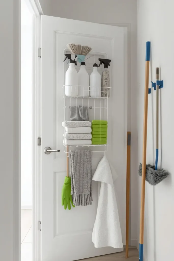 White wire rack on a utility closet door holding spray bottles, a brush, folded towels, green cloths, rubber gloves, and hanging rags, with a broom and mop clipped to the wall