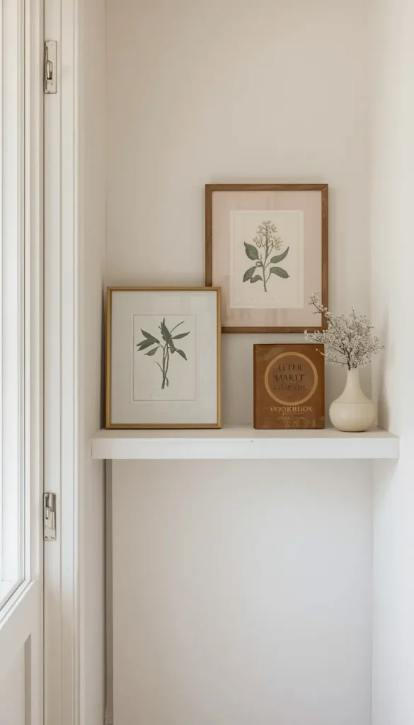 White picture ledge beside a pantry door holding blush framed botanical prints and a small bud vase