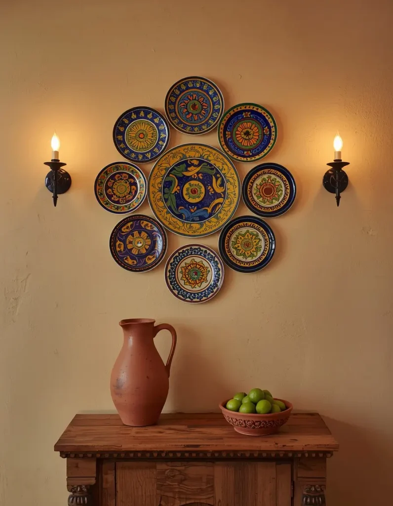 Cluster of colorful hand-painted Mexican plates on a cream plaster wall above a rustic console with a terracotta jug