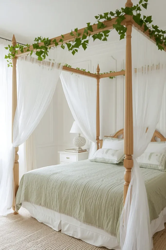 Wooden canopy bed draped with ivy and sheer white curtains over fern green bedding