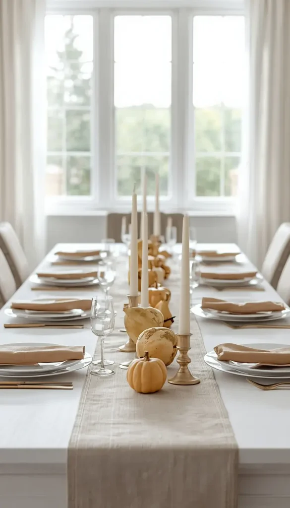 Long dining table with an ivory runner, a row of candles, honey gourds and champagne napkins