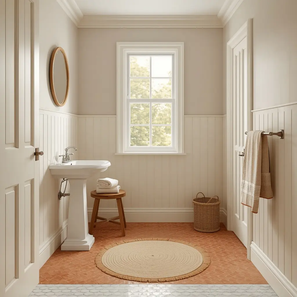 Terracotta hexagon peel and stick floor with cream panelled walls, a pedestal basin, and a round jute rug