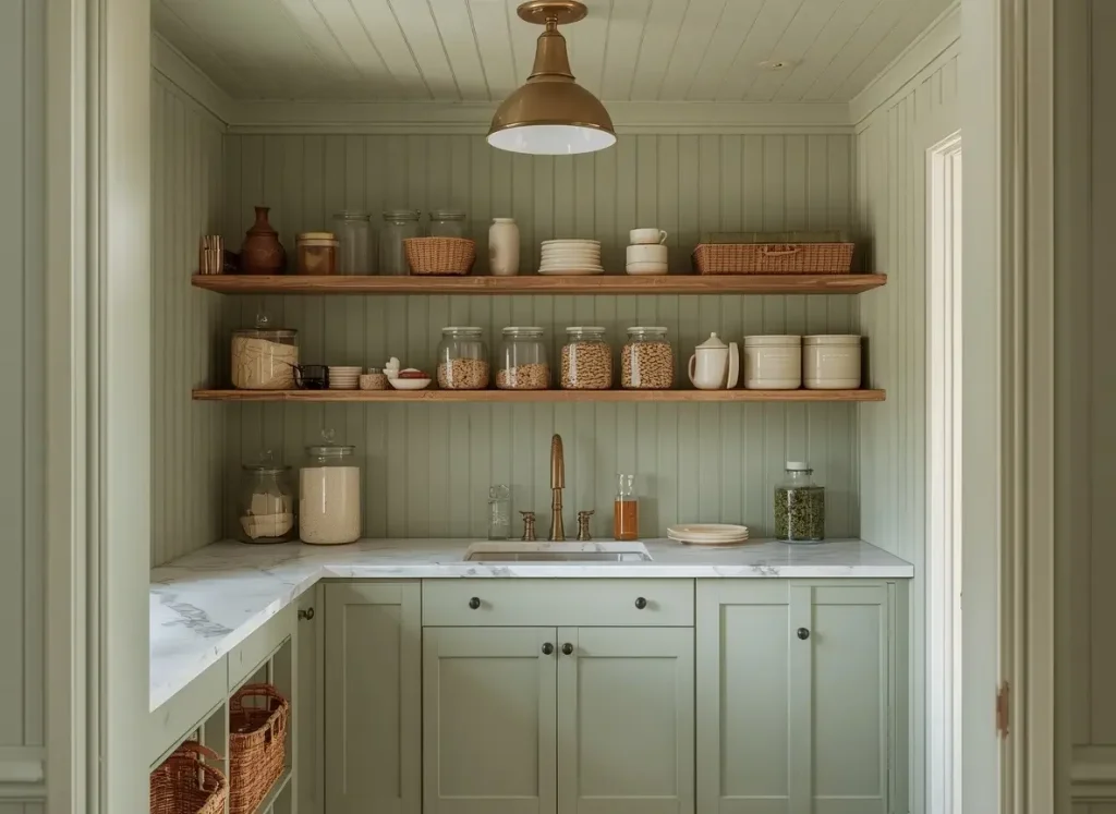 Sage green beadboard walls and ceiling in a butler's pantry with wood shelves, glass jars, baskets, and a small marble counter and sink