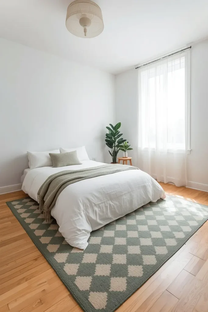 Bright studio bedroom with a green and cream checkered rug and sage green throw on white bedding