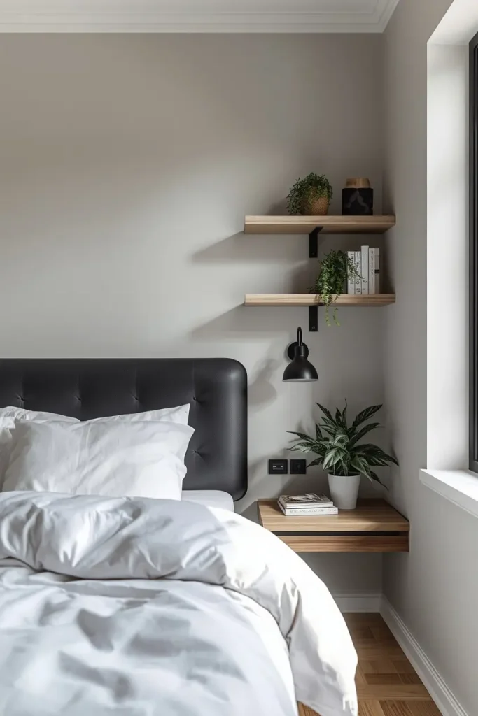 Floating wall-mounted black headboard with white bedding and ash wood shelves in a small studio bedroom