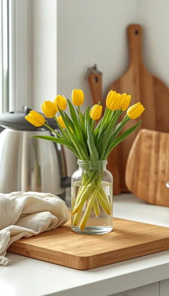 Clear glass vase of yellow tulips on a butcher block counter beside an electric kettle