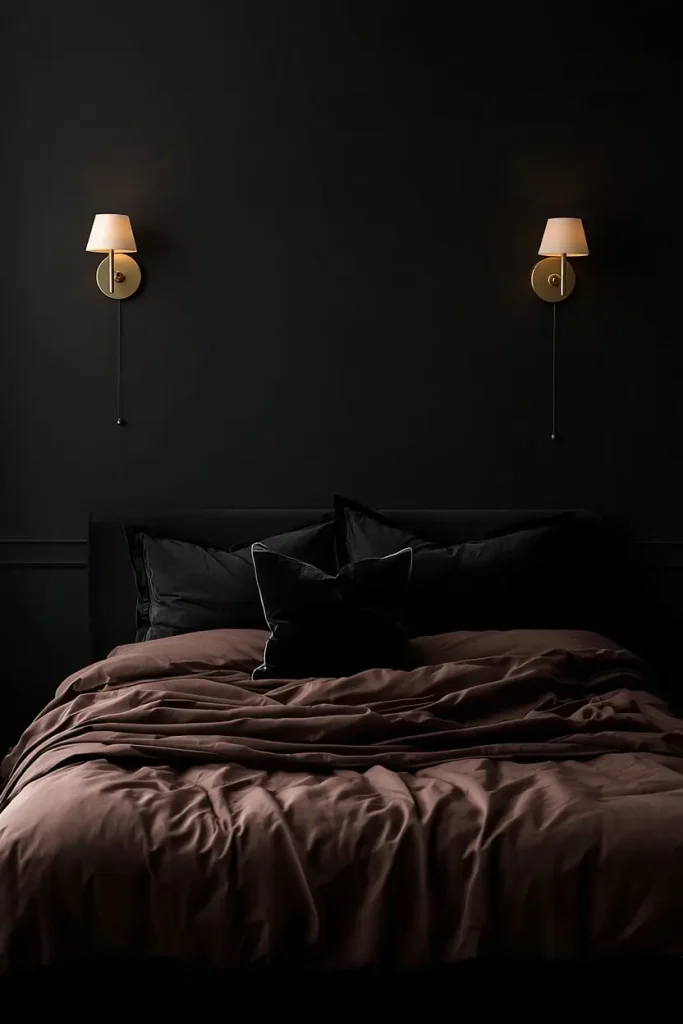 Chocolate brown satin bedding with black velvet pillows against matte charcoal walls and gold sconces