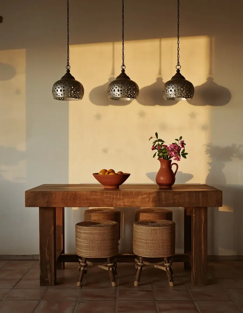 Three punched tin pendants casting star shaped shadows over a rustic wood island with rush stools