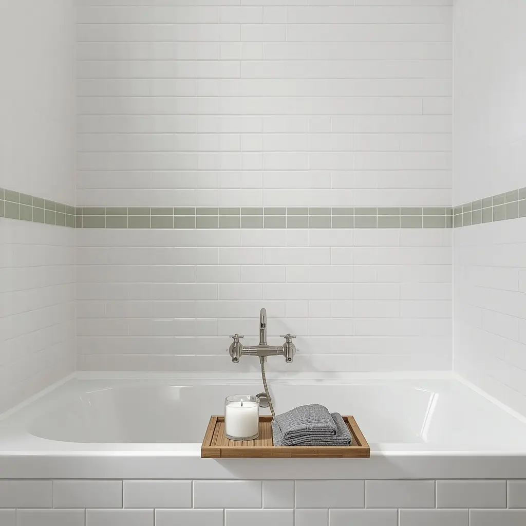 White square wall tiles with fresh grout and a sage green border row above a bathtub with a bamboo bath tray