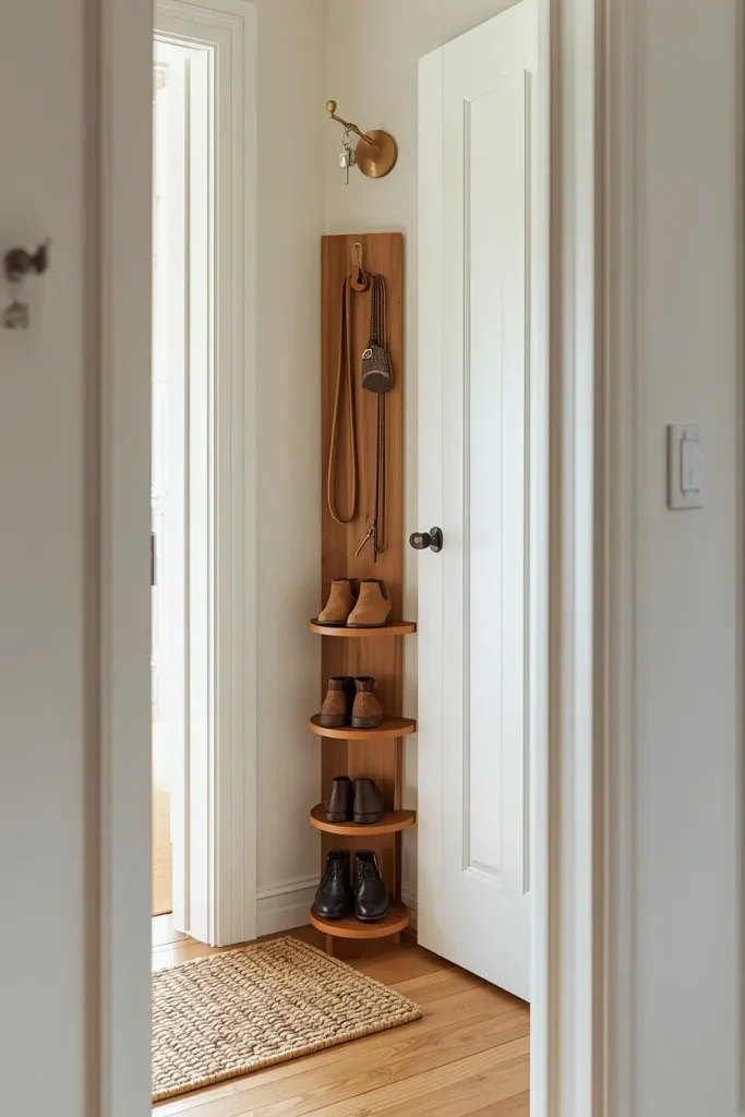 Tall wooden corner shoe tower beside a white door holding four pairs of boots and shoes, with a dog leash hanging above and keys on a brass hook