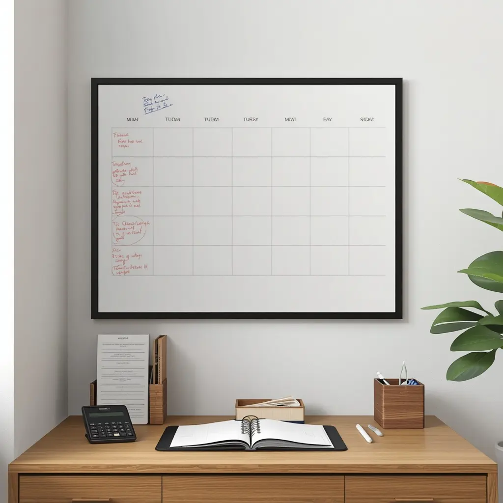 Black framed monthly board with red circled notes in the first column above a wood desk with a calculator