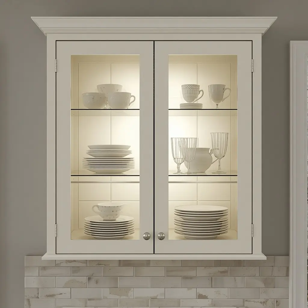 Glass-front white kitchen cabinet lit from inside, showing stacked dishes and glasses