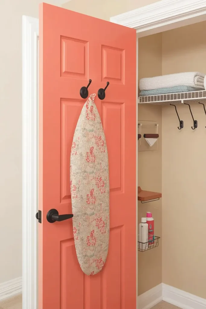 Coral painted door with two black hooks holding a floral ironing board, beside a closet with a wire shelf of towels and a small basket of supplies