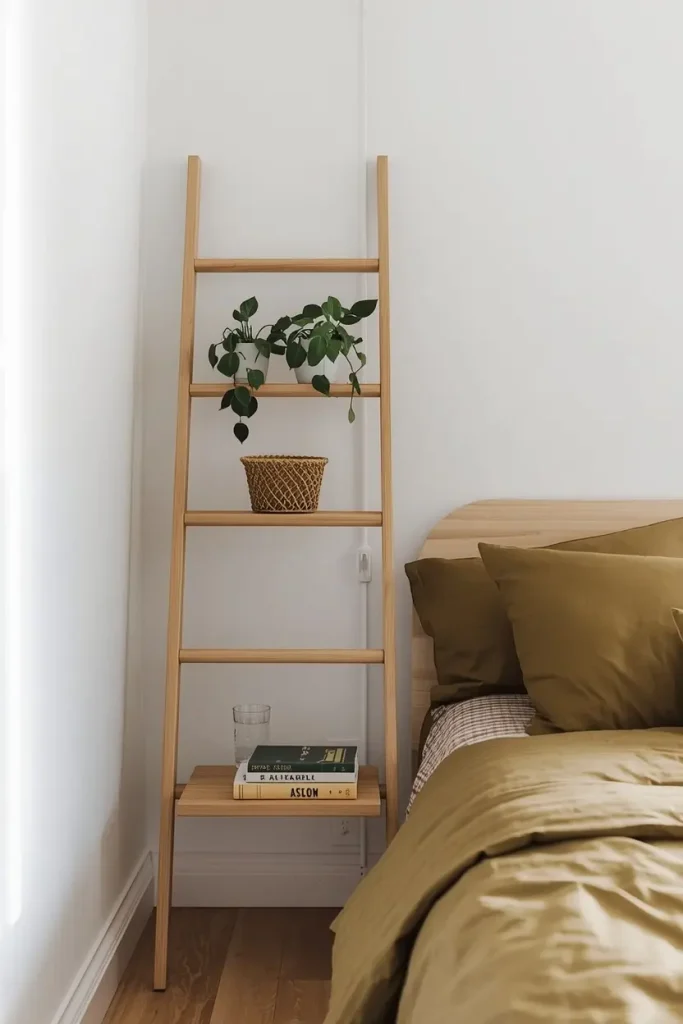 Wooden ladder shelf with small trailing plants used as a nightstand beside olive green bedding