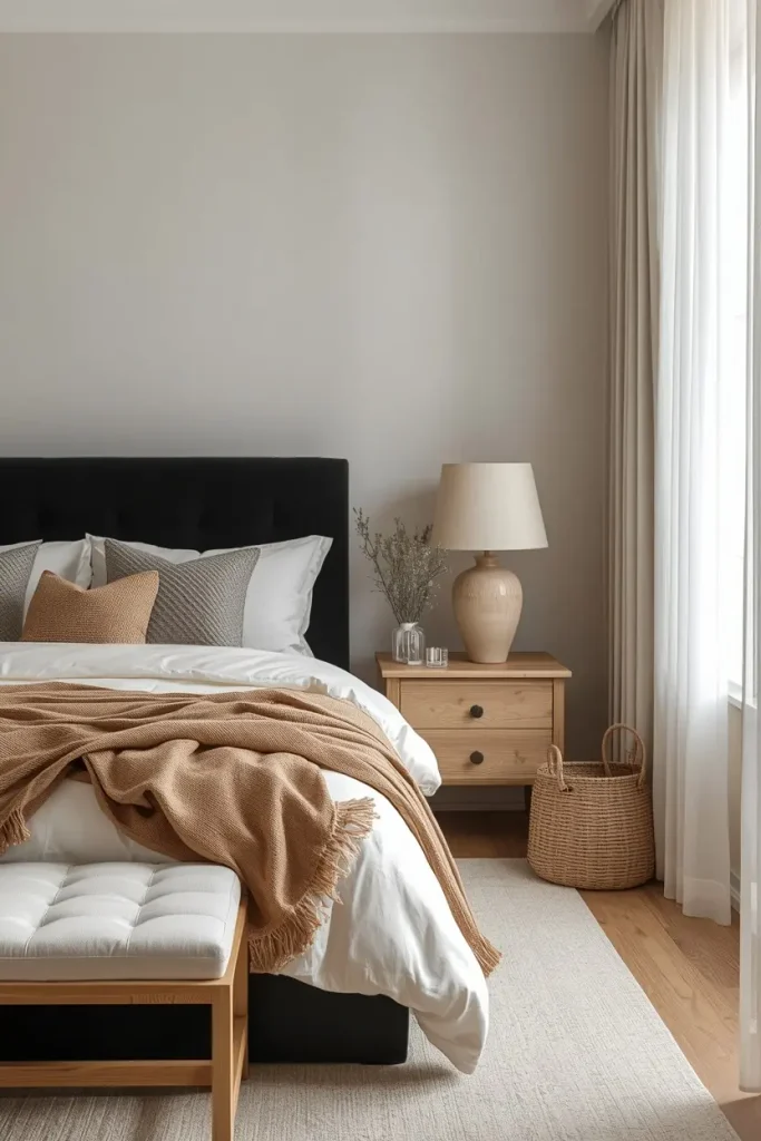 Simple black headboard with a camel blanket and beige linen bedding in a guest bedroom