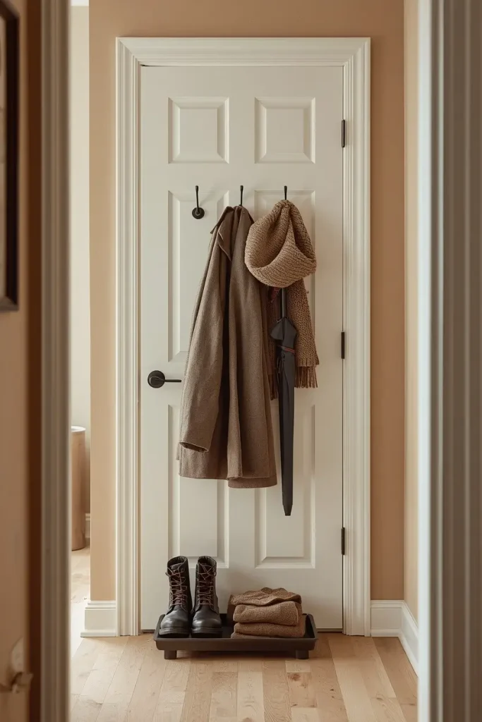 Three black hooks on a white closet door holding a brown wool coat, a knit hat and scarf, and a black umbrella, with boots and folded knits on a tray below