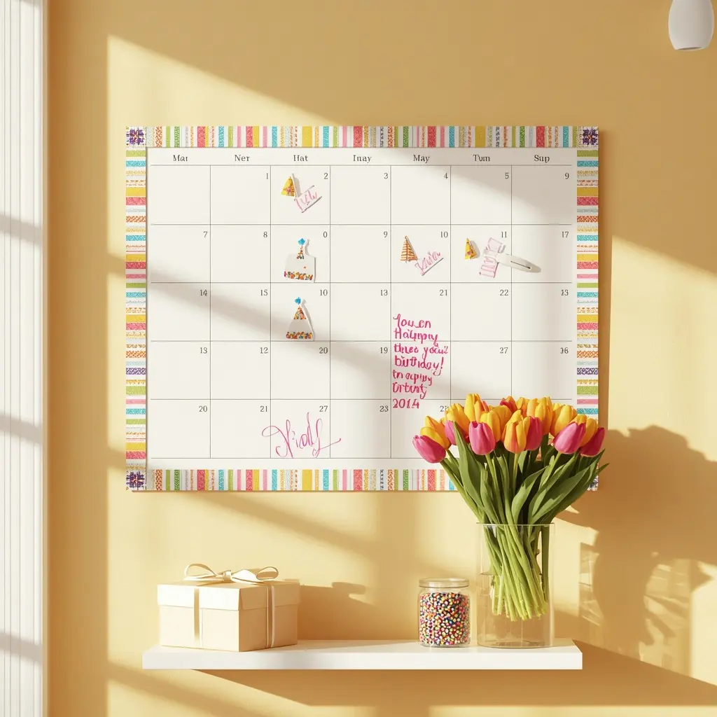 Monthly board framed in colorful striped washi tape with party hat cutouts on a sunny yellow wall above tulips