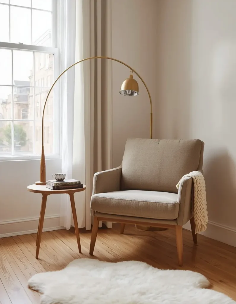Oatmeal armchair with a brass arc floor lamp, a round side table, and a sheepskin rug by a window