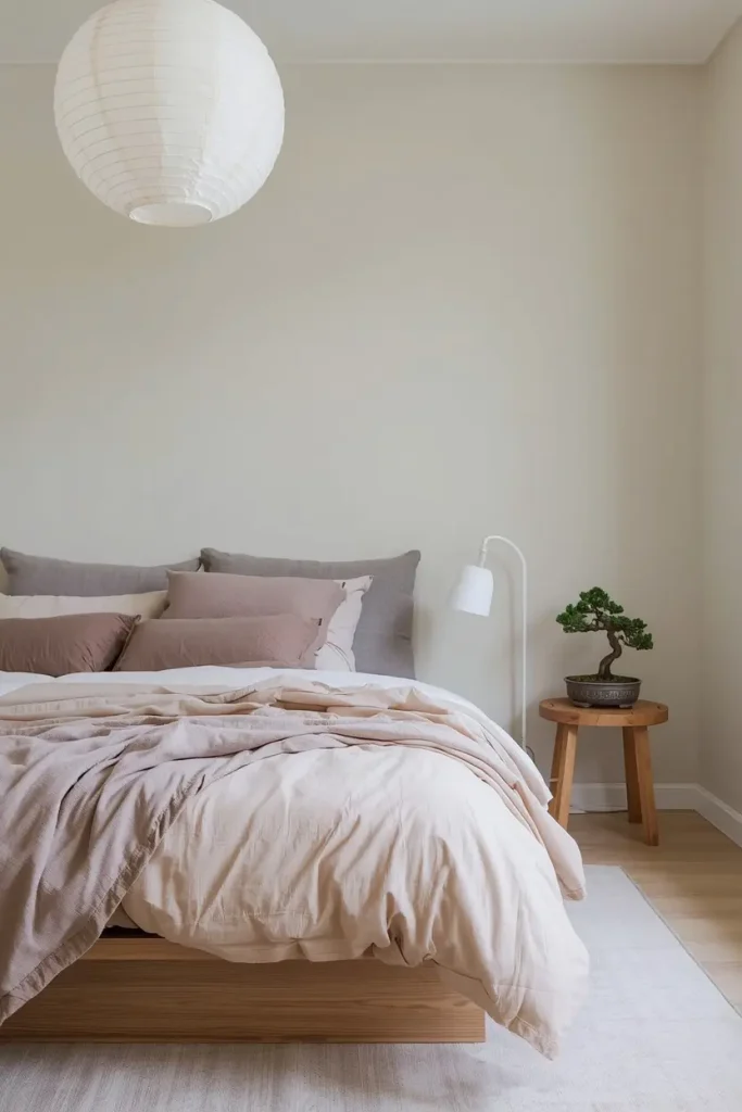 Low wooden platform bed with oatmeal and soft brown linen, a paper lantern and a bonsai in a Japandi bedroom