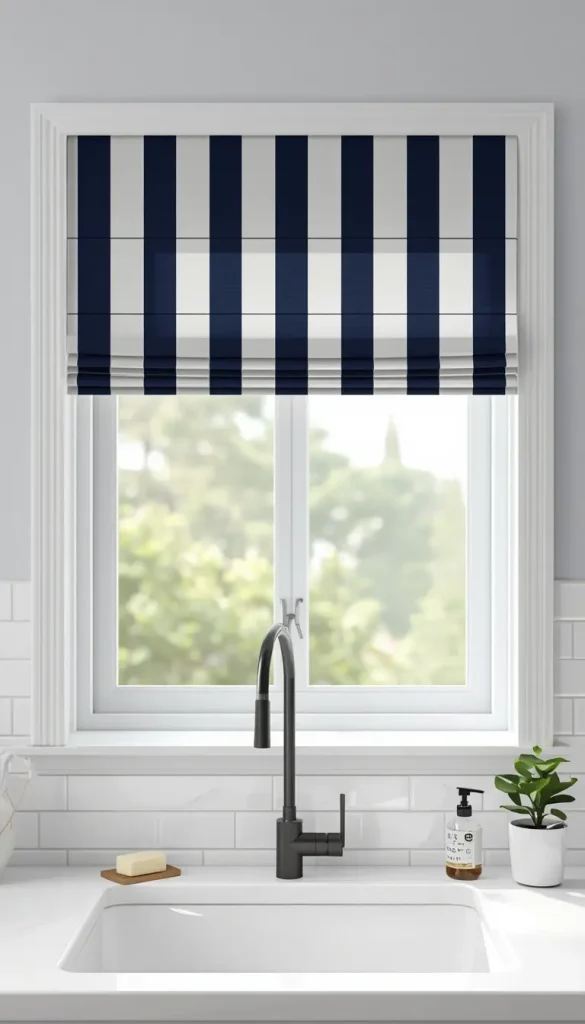 Navy and white striped café curtains on the kitchen window above the sink