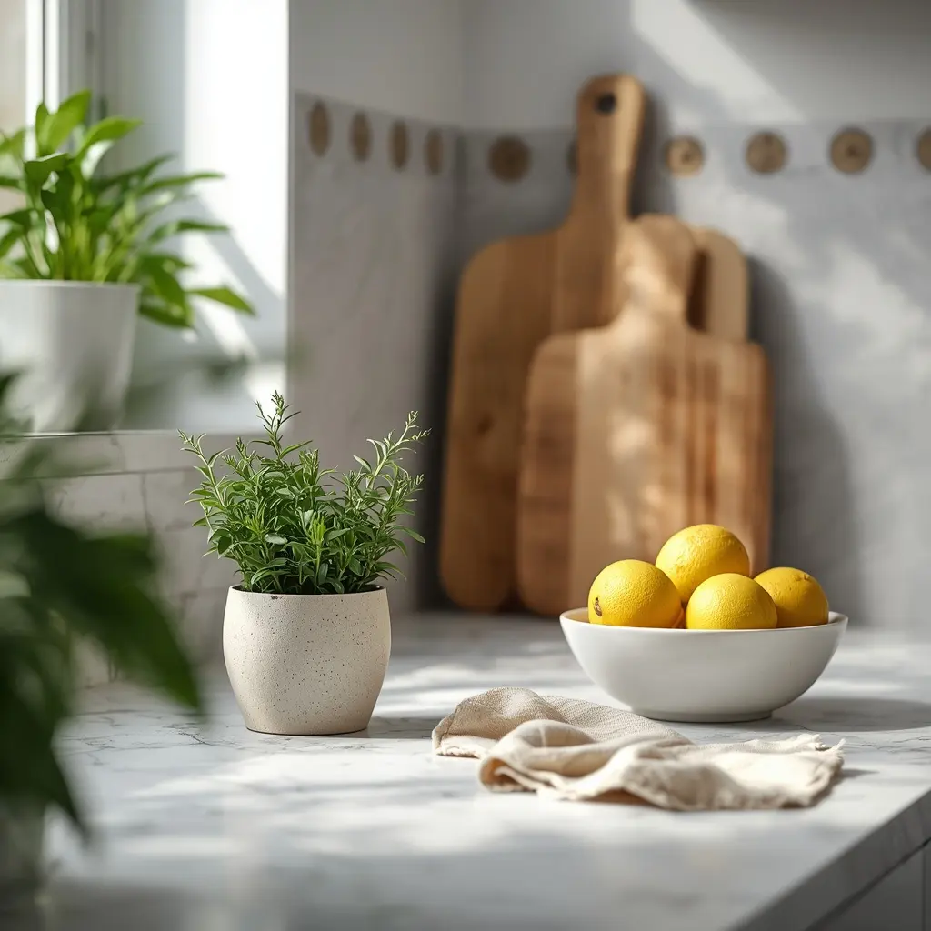 Kitchen counter with a potted herb, wooden cutting boards, a bowl of lemons, and a linen towel