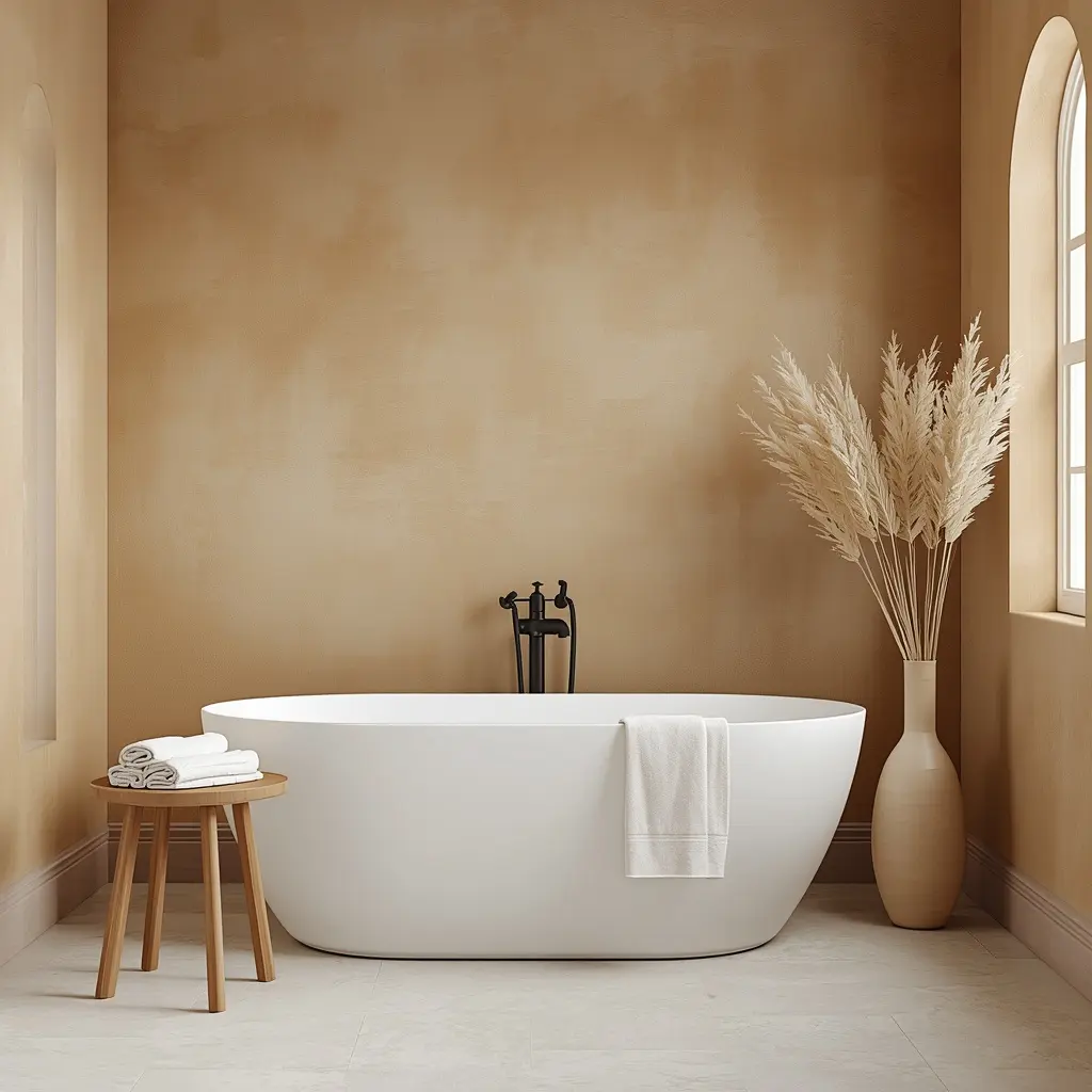 Sand colored limewash walls with a white freestanding bathtub, a black floor standing tap, and dried pampas grass