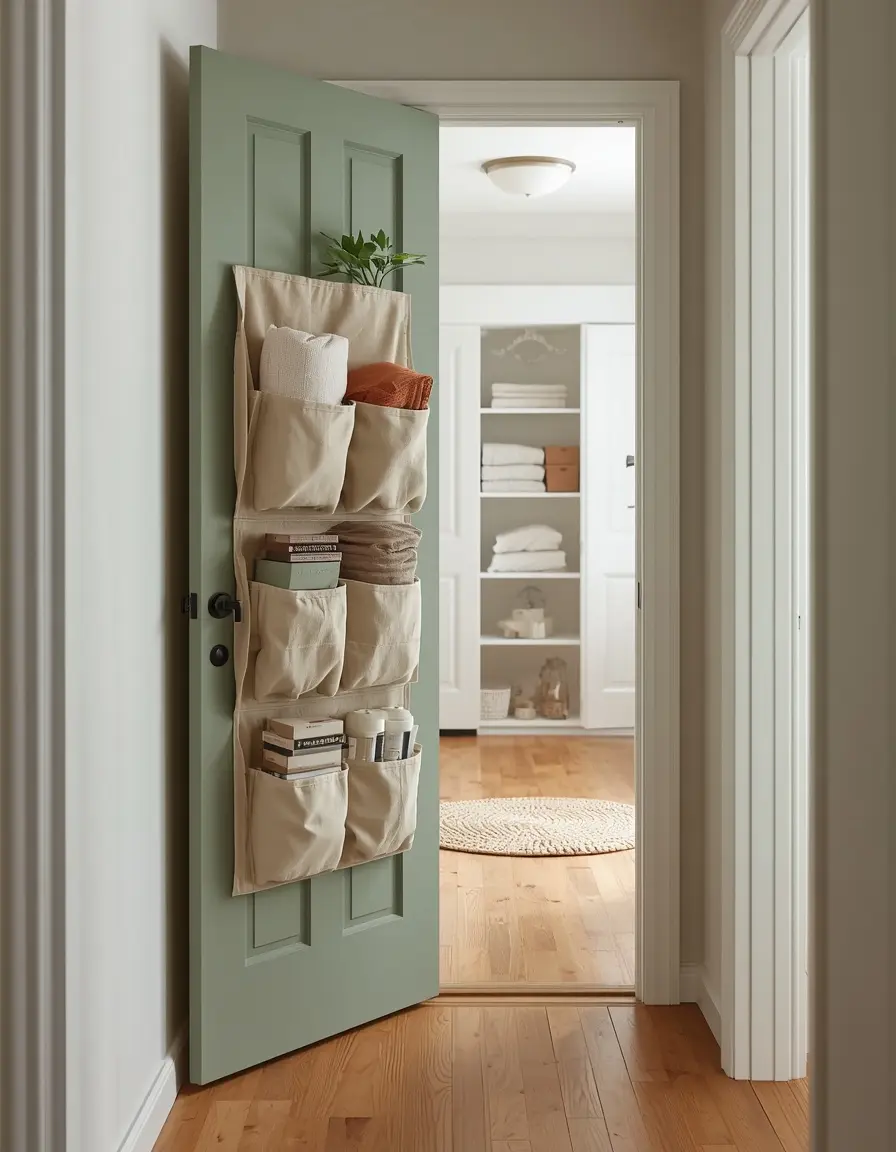 Behind the door storage ideas with a canvas over the door organizer holding rolled blankets and board games on an open sage green linen closet door